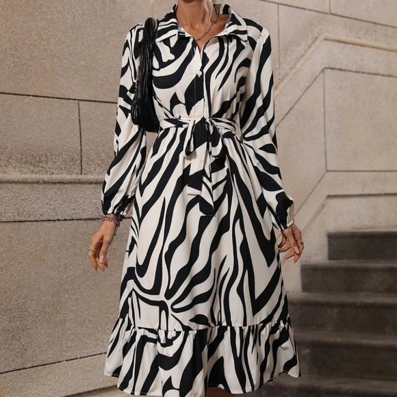 zebra print belted ruffle hem shirt dress - Picture 3 of 6